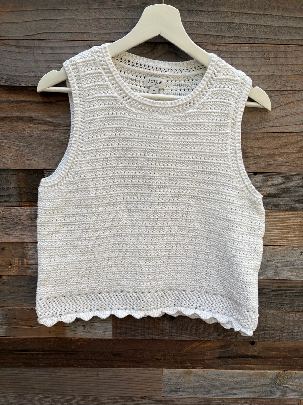 J. Crew White Crochet-Textured Scoop Neck Sweater with scalloped hem